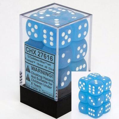 Chessex Dice d6 Set 16mm Frosted Caribbean Blue/White Six Sided Die 12 CHX 27616