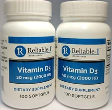 Reliable-1 Vitamin D3 Dietary Supplement 2000IU 100Softgels (Pack of 2)EXP:09/25