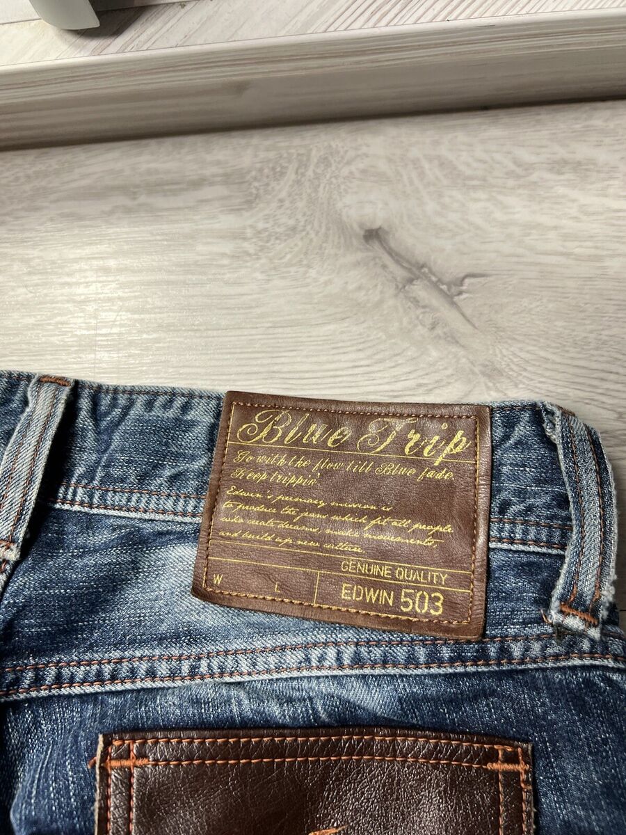 RARE Vintage Edwin 503 Blue Trip Leather Details Denim Pants RARE Vintage Edwin 503 Blue Trip Leather Details Denim Pants