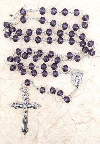 Rosary, handmade with 6mm faceted dark purple glass beads