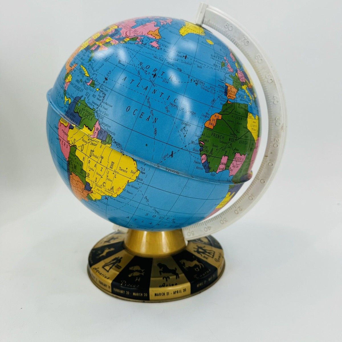 Vintage Ohio Art Tin Litho Metal World Globe Zodiac W Original Box