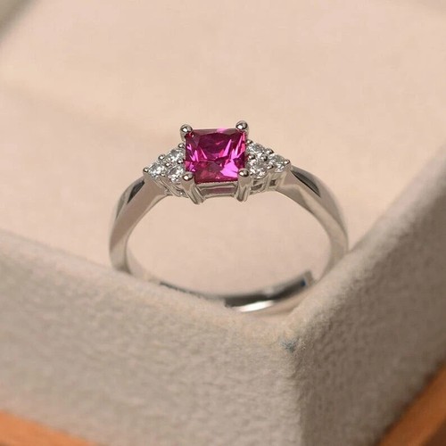 1.73 Ct Princess Cut Natural Ruby Diamond Anniversary Ring 14K White Gold - Picture 4 of 5