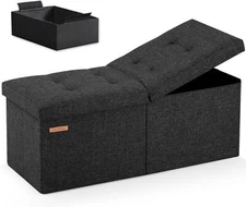 Folding Ottoman Bench with Storage, Foot Rest Stool, Linen Black