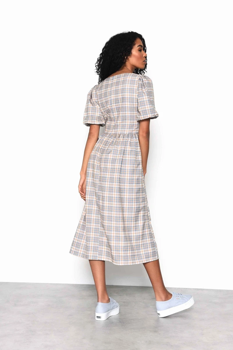 Glamorous Light Blue Multi Check Square Neck Puff Sleeve Midi