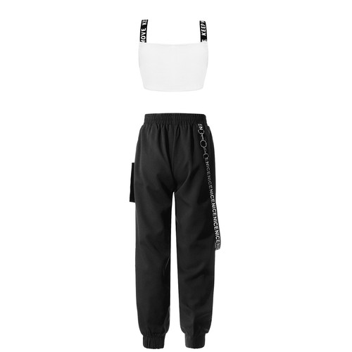 Kids Girls Crop Top With Pants Gym Dance Outfit Hip-Hop Sports Suit Metal Chain - Picture 41 of 44