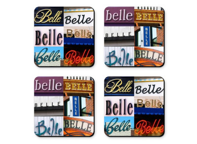 Personalized Coasters featuring the name BELLE in photos of signs - Set of 4 
