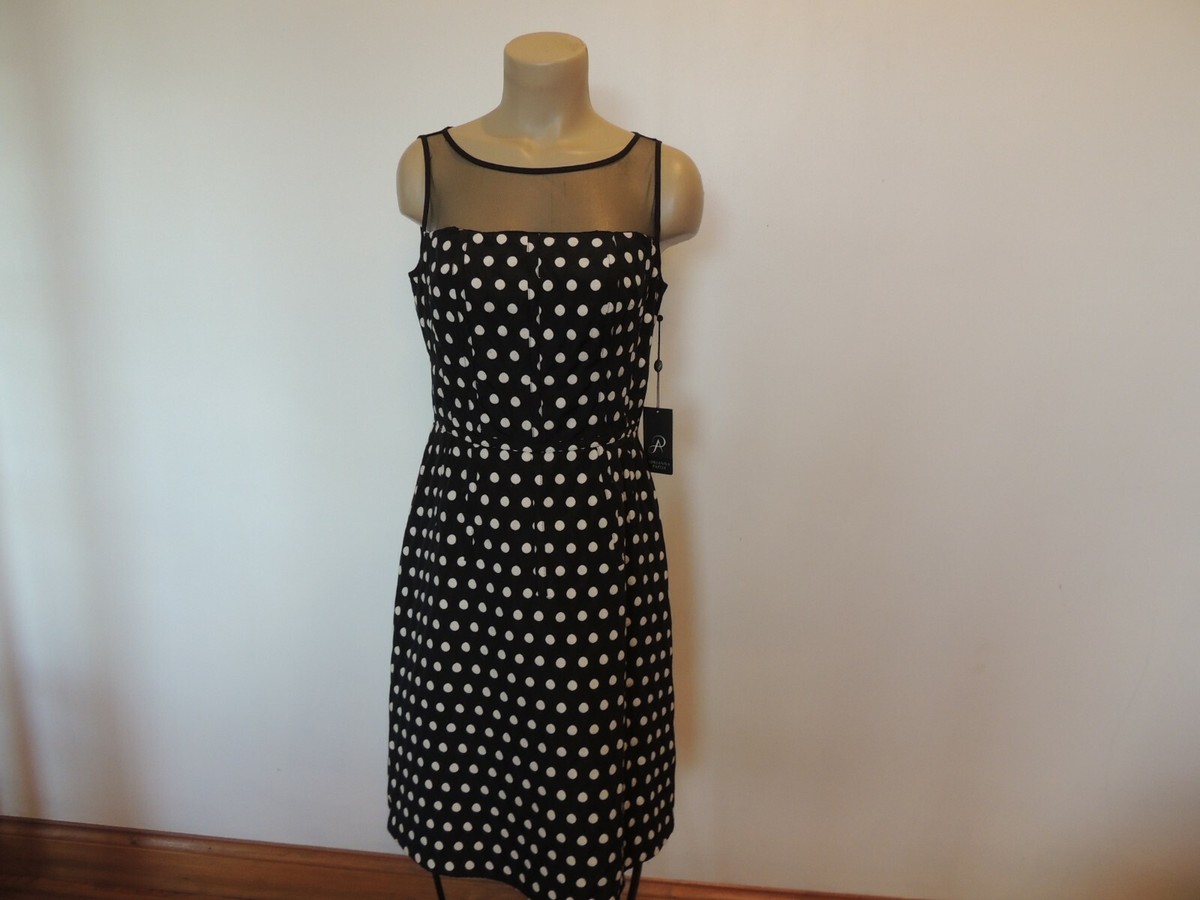 New $128. Adrianna Papell sz 10 black / white polka -dot sleeveless dress  Spring