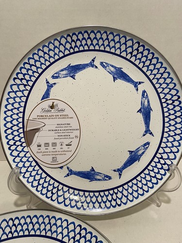 Golden Rabbit Fish Camp Porcelain on Steel Enamel Dinner Plates, Set Of 4 - Picture 3 of 8