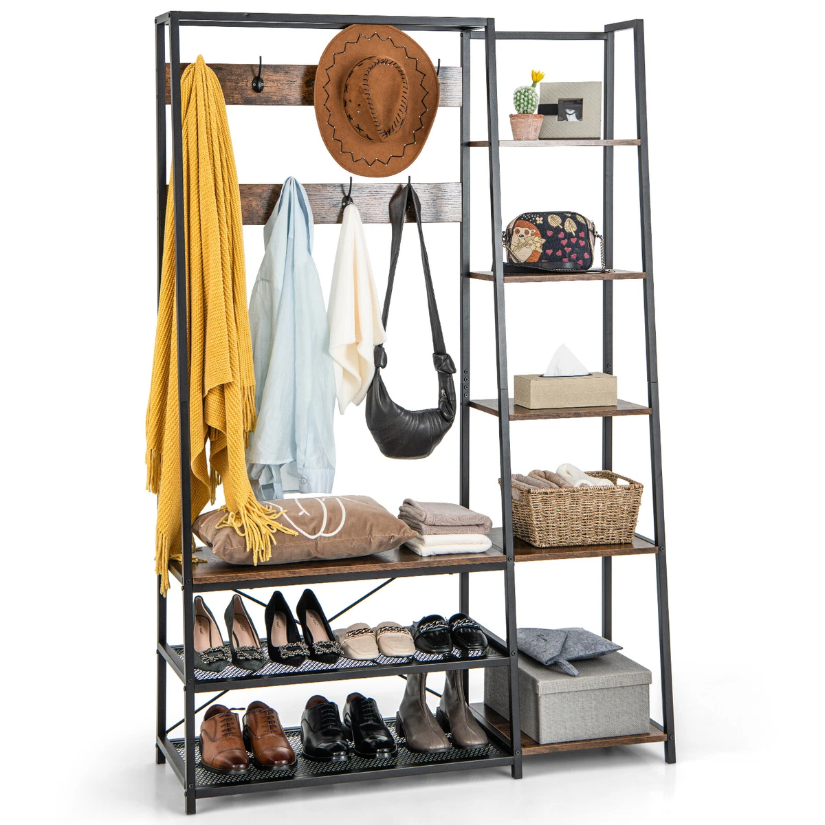 5 In 1 Entryway Wooden Hall Tree Freestanding Coat Rack Shoe Rack