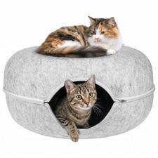 Large Grey Cat Cave Bed Tunnel Donut Felt Peekaboo Cat Bed For Cats up to 45 lbs