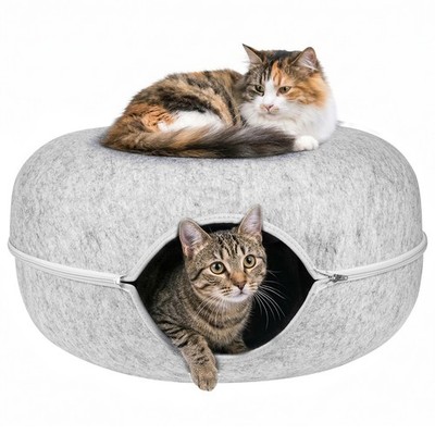 Large Grey Cat Cave Bed Tunnel Donut Felt Peekaboo Cat Bed For Cats up to 45 lbs