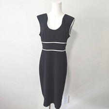 Calvin Klein Sheath Dress Women 12 Black White Contrast Trim Sleeveless Gold Zip