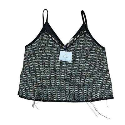 Zara Basic Tweed Crop Top Sleeveless V Neck Black Multicolor Party