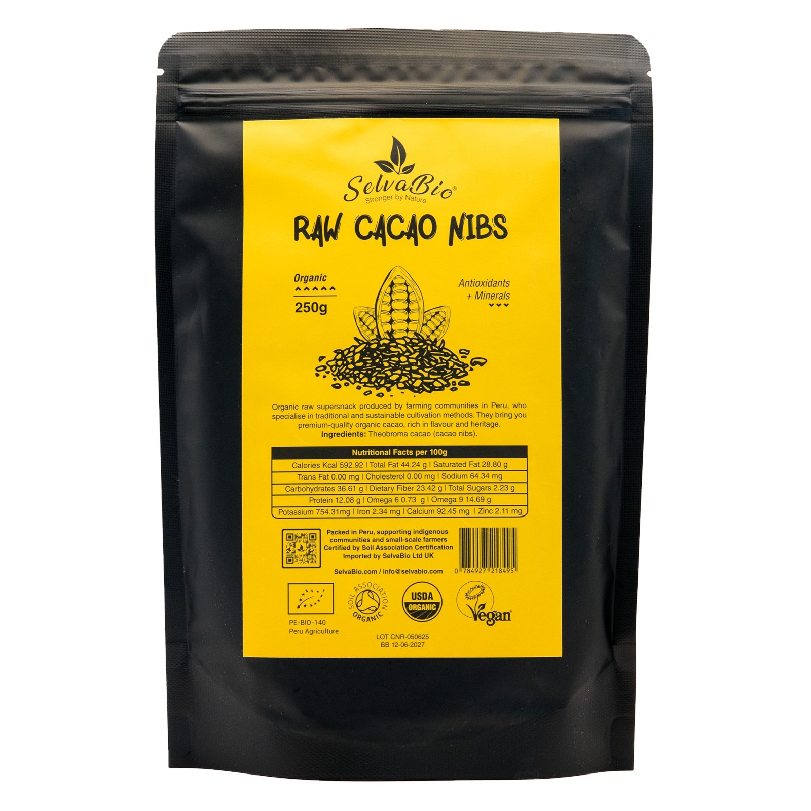 SelvaBio Organic Raw Cacao Nibs 250g | Single Origin Peru | Crunchy