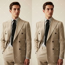 Khaki Men's Suits Double Breasted Business Office Wedding Groom Tuxedo 2 Preces