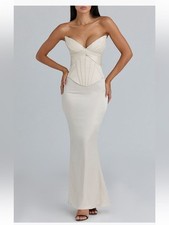 HOUSE OF CB Eve Satin Strapless Corset Gown Maxi Dress in Cream Medium