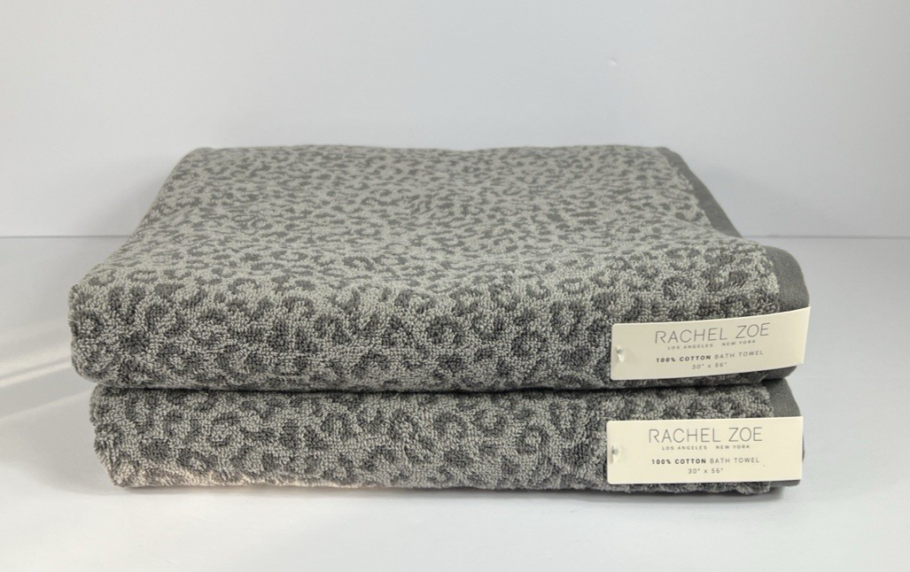 Rachel Zoe Leopard Cheetah Animal Print Bath Towels Gray Cotton Set of ...