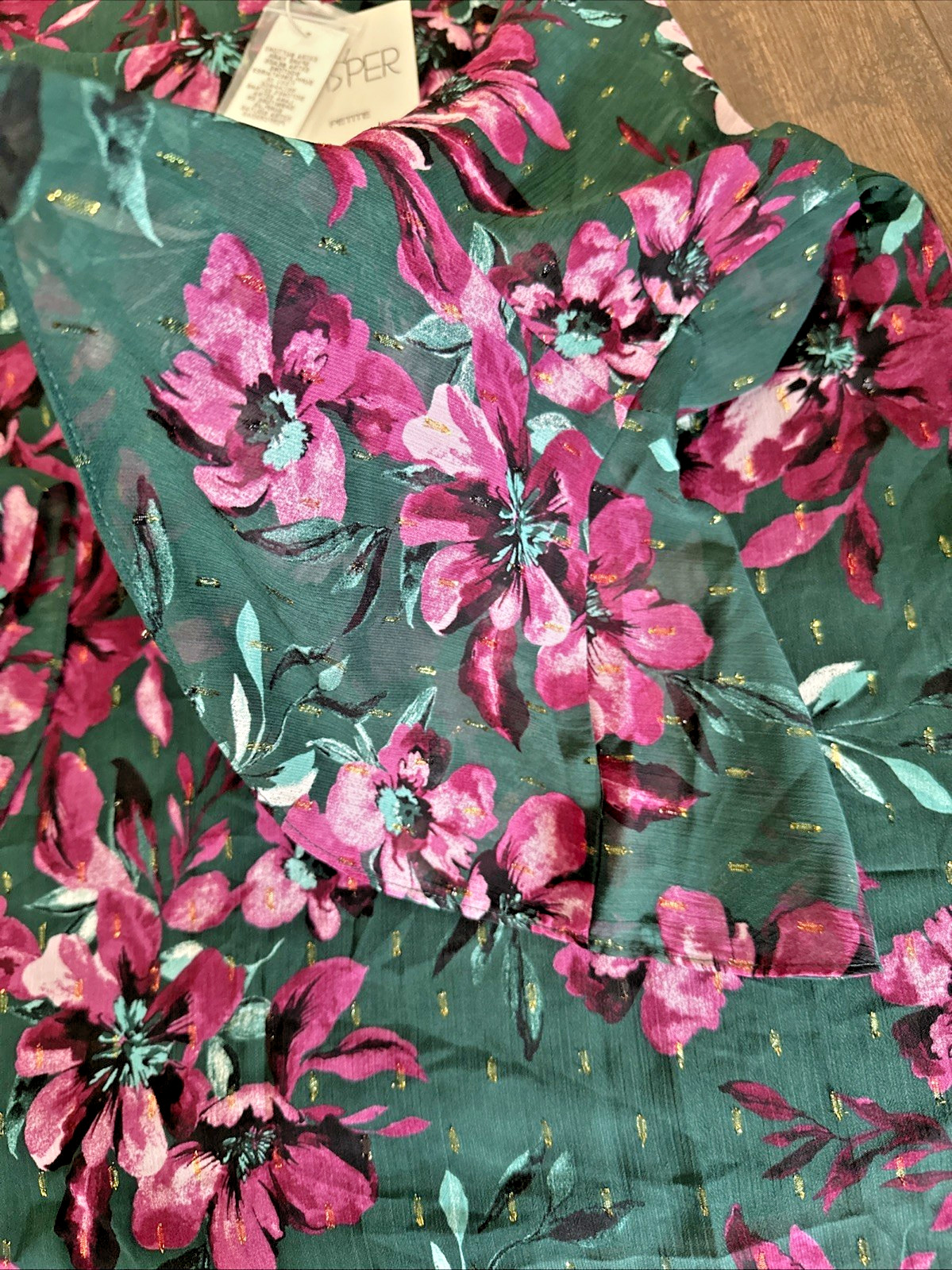 Kasper Women's Petite Ruffle Sleeve Floral Printed Blouse Top Green Plum  PL