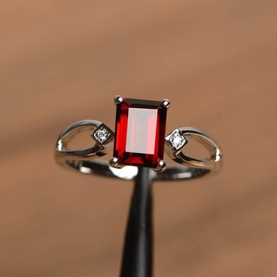 2Ct Emerald  Lab Created Garnet Three Stone Engagement Ring14K White Gold Plated