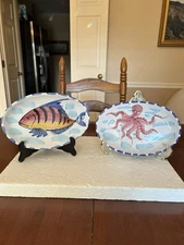 2 Vietri Italy Al Mare Fish Plates - Fish Ocotopus 10" Oval