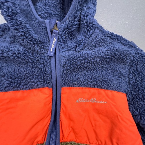 Eddie Bauer Sherpa Fleece Jacket Kids Unisex XS Navy Green Hooded Full Zip Warm - Picture 2 of 12