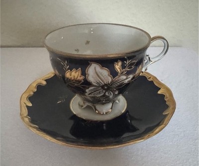 Fine China Lichte   Echt Kobalt Fußtasse mit Untertasse, handgemalt (DDR, GDR)