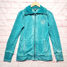 Guess Sweatshirt Jacket Womens Medium Teal Full Zip Funnel Neck Rhinestone Logo