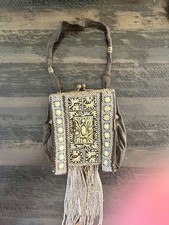 Antique Victorian Beaded Jeweled Evening Purse Fringe Panel 1890s 6"