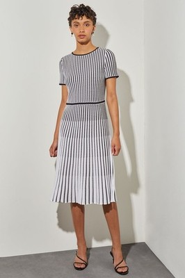 Ming Wang Knit Grid Stripe Flare Midi Dress XS Navy Closet Staple Old Money