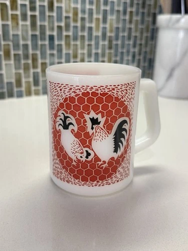 VTG Federal Milk Glass Red Rooster Chicken Mug D Handle Coffee Cup Heat Proof