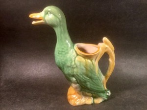 Vintage Majolica Green & Yellow Duck Pitcher with Cattail Handle