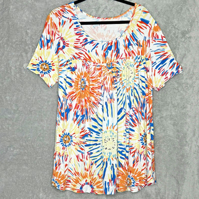 Cathy 4XL Shirt Top Orange Yellow Floral Flower Short Sleeve Scoop Neck Stretch