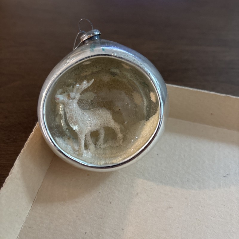 Vintage Mercury Glass Indent Christmas Ornament Diorama Snow Deer