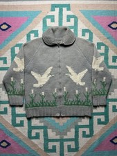 Vintage 50s Cowichan Duck Graphic Wool Zip Up Sweater M