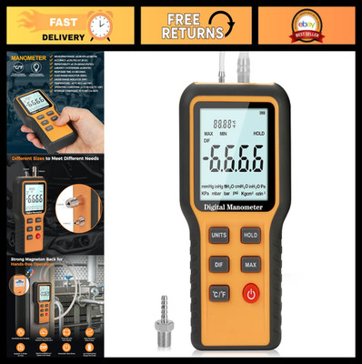 Professional Digital Manometer - Dual-Port Gas Pressure Tester, HVAC Gauge, 12 U
