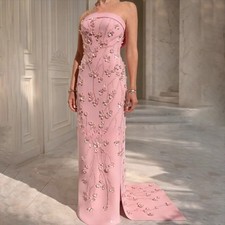 Customized Pink Evening Dress Customized Strapless Crystal Flower Luxury Women's