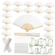 100 Set Folding Fans Wedding Fans Bamboo Hand Held Sandalwood Fans with White