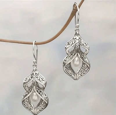 BRIGHTON BEACH  Vintage Carved Textured With Faux Pearl Pendant Earrings