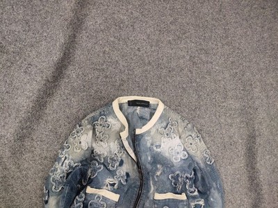 Dsquared2 Vintage Denim Flower Applique Cropped Zip Up Pocket Leather Jacket