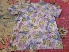 Womens Medium spring lavender butterfly floral scrub top hospital uniform nurse