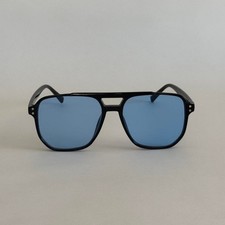 Vintage Y2K Black Square Sunglasses Blue Lens Unisex Bold Look UVA UVB