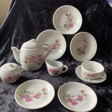 Child's Porcelain Miniature Tea Set White w/Pink Flowers Roses 12 Pc