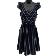Monteau Mini Dress Womens S Dark Blue White Striped A-Line Flutter Sleeve Lined