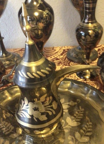 Vintage 15 pc Set with Teapot, Tray, tea cups Etched Brass Decorative - Picture 16 of 18