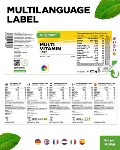 Multivitamin Daily - 450 Tabletten (vegan) - 16 Vitamine + Mineralien - Bild 5 von 6