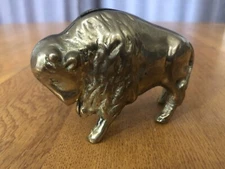 ANTIQUE EARLY VALLEAU BRASS BUFFALO COIN BANK 4” LONG SAUGATUCK MI BRASS FOUNDRY
