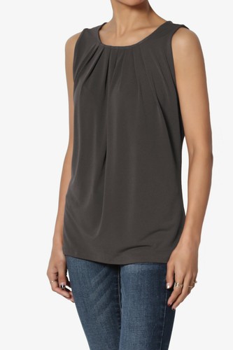 S~3X Sleeveless Pleated O Crew Neck Tank Top Essential Stretch Blouse - Picture 29 of 164