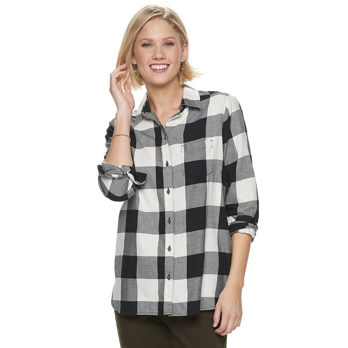Long Sleeve Women's Black And White Buffalo Plaid Flannel
