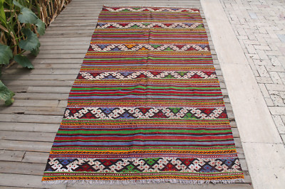 Turkish Rug 4x8 Size Handwoven Striped Multicolor Wool Cicim Kilim 146x274cm