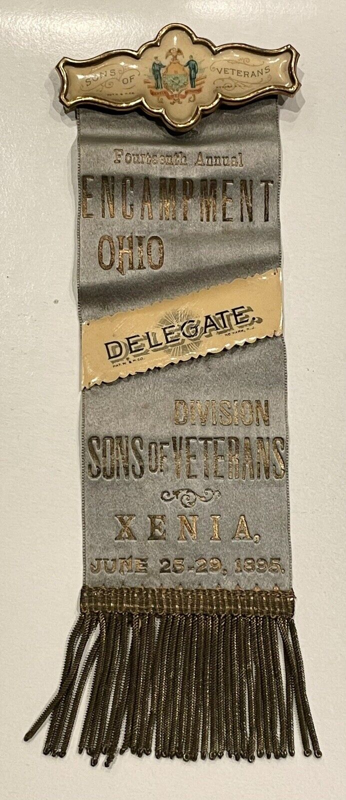 1895 Ohio Civil War GAR Sons of Veterans Encampment Delegate Ribbon Pin